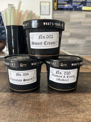 8oz ice creams (Sweet Cream, Chocolate Swirl, & Golden Cookies & Cream)