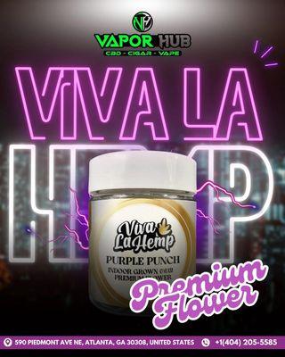 Discover the exquisite Viva La Hemp Premium flower and savor the rich, indoor-grown Purple Punch.