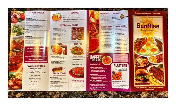 Menu.SunRise Restaurant. Whiting IN. Breakfast Lunch Dinner.219 659 1390 Dine In Take Out Delivery.  Nice & Clean . Quite. Cool!