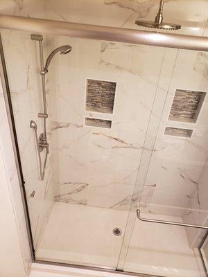 Atlantis Shower System with Cultured Marble Shower Pan and Tile Surround