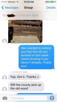 Text messge to Teresa Snyder telling her about the crooked rail installation.