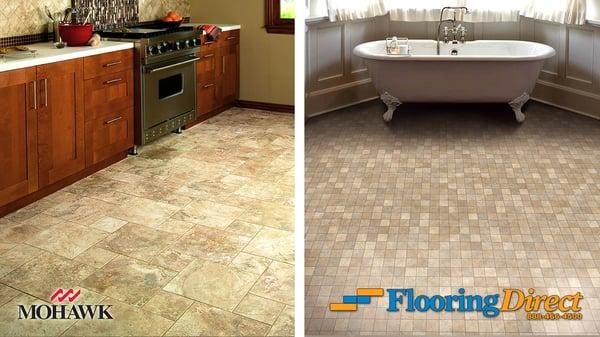 Flooring Direct carries Luxury Sheet Vinyl and Stone Tile flooring. Can you tell which is which in this image? Visit our site to find out.