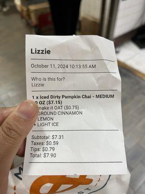 Receipt for iced dirty pumpkin chai