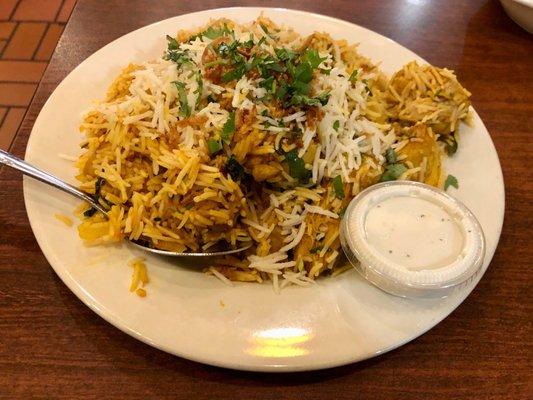 Chicken biryani. Good value at $14, but the meat-to-rice ratio was low. Seasonings on point.