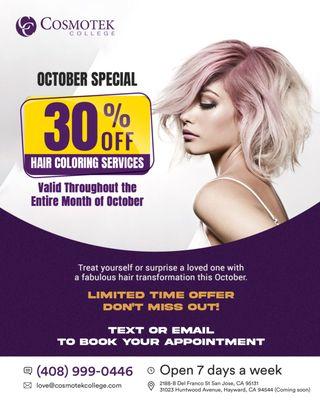 Revamp your look with a 30% discount on hair coloring services!  Limited time offer for a fresh, vibrant style. ‍ #HairColorSale"