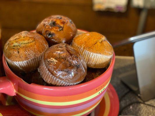 Variety of big muffins - I'll take the double chocolate chocolate chip please. ;-)