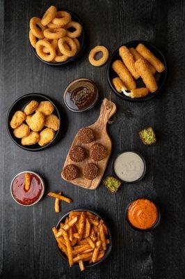 Chicken Nuggets, Onion Rings, Mozarella Sticks, seasoned fries and Falafels