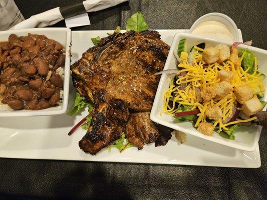 Grilled pork chops, red beans and rice, garden salad