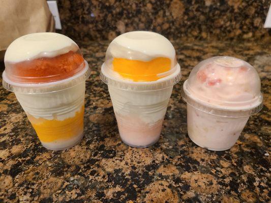 Cherry/tangerine gelati, tangerine/cotton candy gelati, and strawberry cheesecake