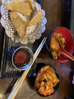 Fried Gyoza, Miso Soup and Korean pickled vegetable.  So tasty!