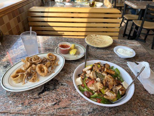 Grilled chicken over Greek salad. Fried Calamari