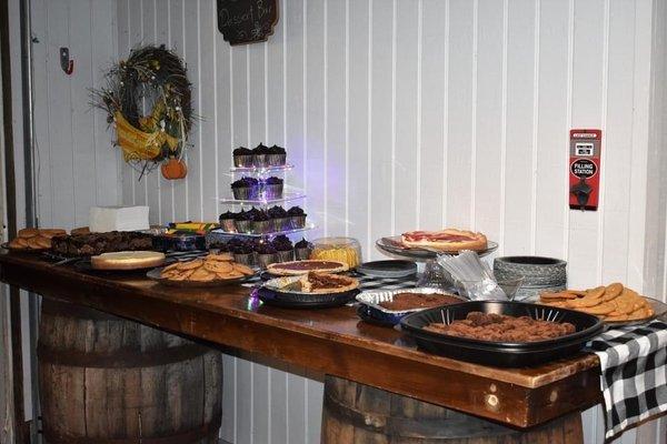 Dessert "Bar" was perfect for a variety of items and added character with the wood tabletop and whiskey barrels