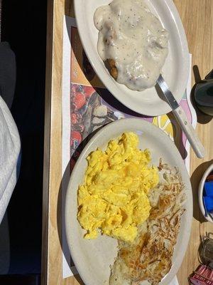 Country Fried Steak & Eggs, with Scrambled Eggs & Hash Browns, Biscuits & Honey.  My favorite menu item!