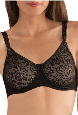 Amoena Annette underwire bra in black and off-white. Pocketed to hold a breast form.