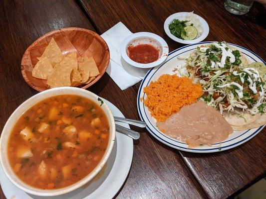 Seafood soup, fish tacos