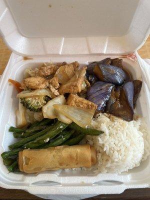 Half rice half green beans (+$1 charge) with eggplant and tofu & vegetables