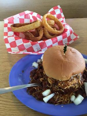 Chili Cheeseburger and onion rings.