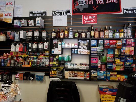 Spirits by the pint,1dose pkt. meds for headaches sinus etc.  smokeless tobacco and Juul products