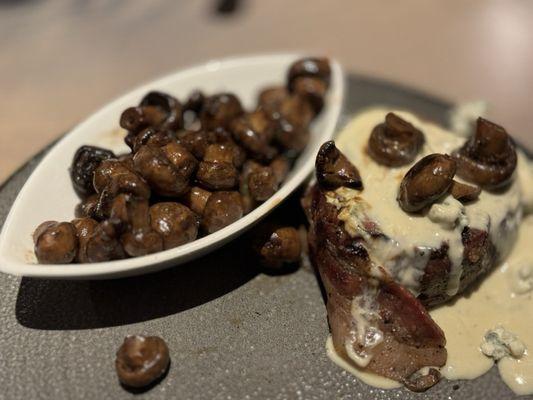 Blue  Cheese bacon wrapped filet with port wine mushrooms.