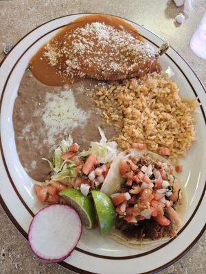 Chili Riano. Taco. Rice. Beans.