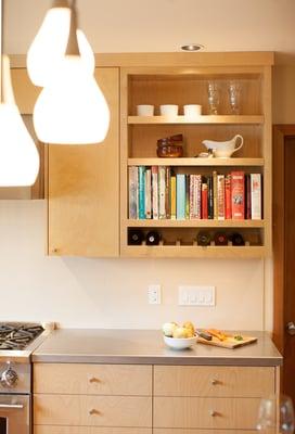 Mid-Century Kitchen - Open shelving with Wine + Cookbooks storage