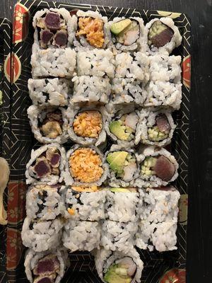 Black pepper tuna roll, spicy crab roll, California roll, potato roll