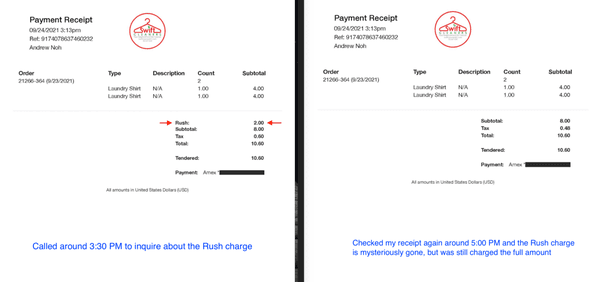 Left: Original $2 rush fee added on Right: After I called, they removed it but the math doesn't add up...