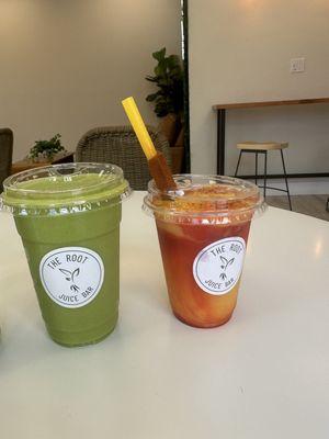 A green smoothie and a mango Chile smoothie