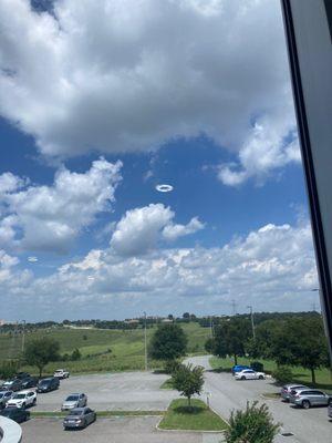 View from second floor study area. Not a flying saucer. But reflection of a light inside!!