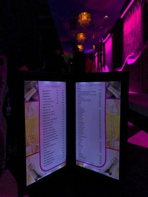 Bottle service and champagne menu