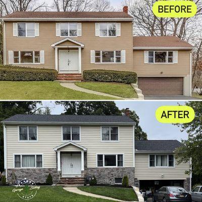 Before and After in Township of Washington NJ using Certainteed Cedarboards in Herringbone color with white accents.