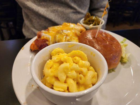 Buffalo chicken sandwich with a side of Mac