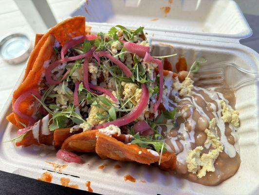 Chilaquiles with vegan birria. Very tasty. Great, welcoming staff. Check it out!