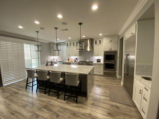 Full Kitchen Remodel by ADH In Elk Grove, CA  White Shaker Painted Cabinets, Cambria Brittanicca Countertops, Vinyl Plank Flooring