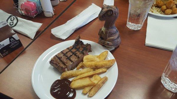 Bob the Raptor says "If you ask the grill mammal you can get steak prey!"