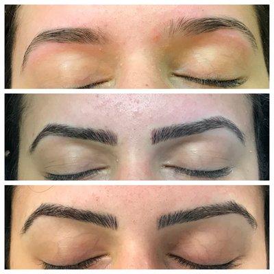 Microblading before, first session and the follow up after 6weeks.