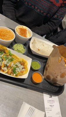 3 street tacos, asada burrito, chips and guacamole, side of rice, esquite