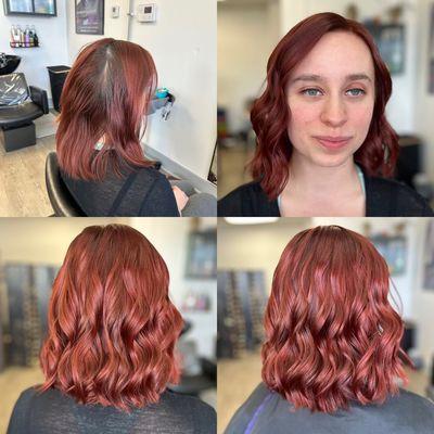 Before and after copper color and blowout with curling iron curls