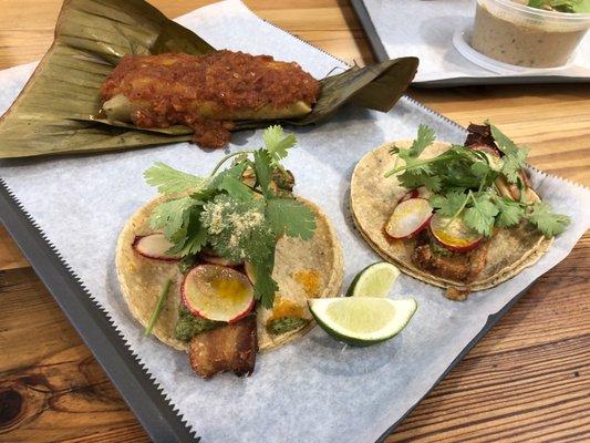 Castacan Pork Belly Tacos and Beef Tamale (Tamal Vaporcito on the menu), Sikil Pak (Pumpkin and Tomato Dip) and Chips.