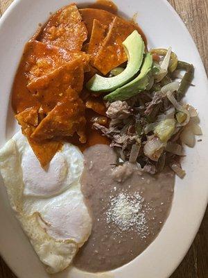 Chilaquiles and Eggs,machaca,avocado & beans