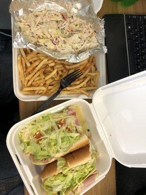 WHO NEEDS THIS MUCH COLESLAW?!! This order was their one size sub, and 2 sides: shoestring fries and coleslaw. WTF???