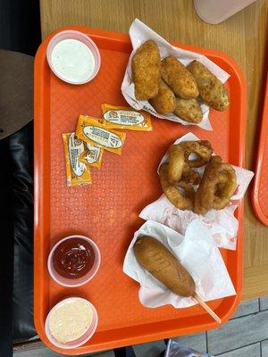 Corn dog, onion rings, poppers