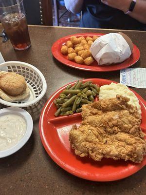 Chicken fried chicken, mashed potatoes and green beans, roll and gravy. Grilled chicken sandwich with tater tots. Sweet tea