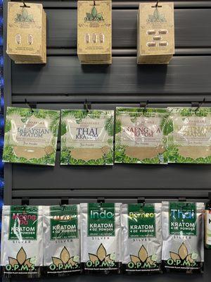 Kratom! We carry OPMS, Remarkable Herbs, Krave, Bumble Bee, Green Coast, and Kratom gummies!