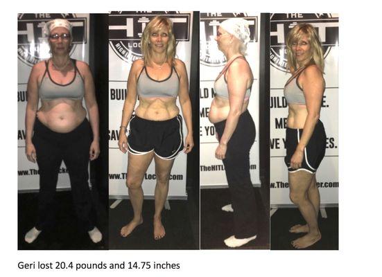 Geri lost 20.4 pounds and 14.75 inches in six weeks.