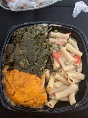 Sides only for large fried shrimp. Right side is rasta pasta, upper left is collard greens and lower yams.