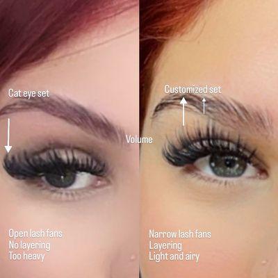 Before and after customizing her lashes to suit her eye shape and open up her eyes