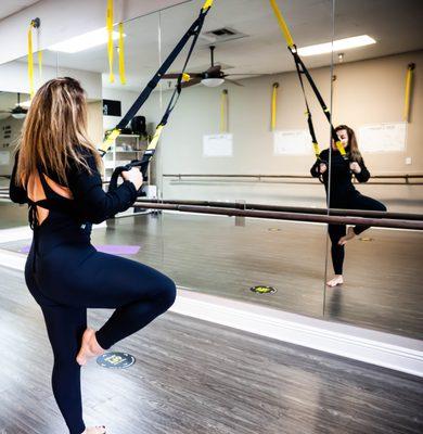 Liz teaches TRX Yoga Fusion. This is a great class for all levels and translates yoga and barre moves into TRX exercises.