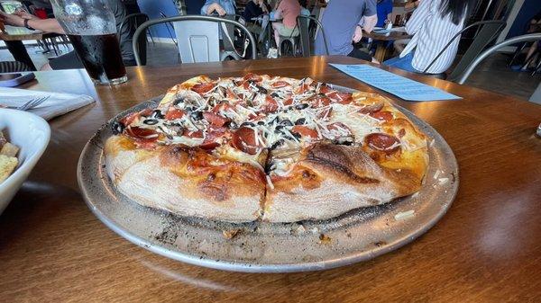 Pepperoni, mushroom, and Olive pizza