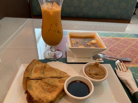 Thai iced tea, scallion pancakes, Tom yum soup